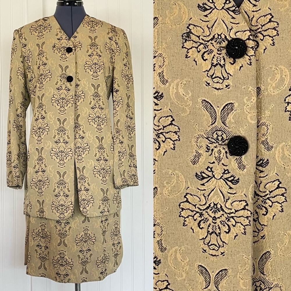 Vintage 80s 90s Gold and Black Floral Brocade Suit Skirt and Asian Style Jacket